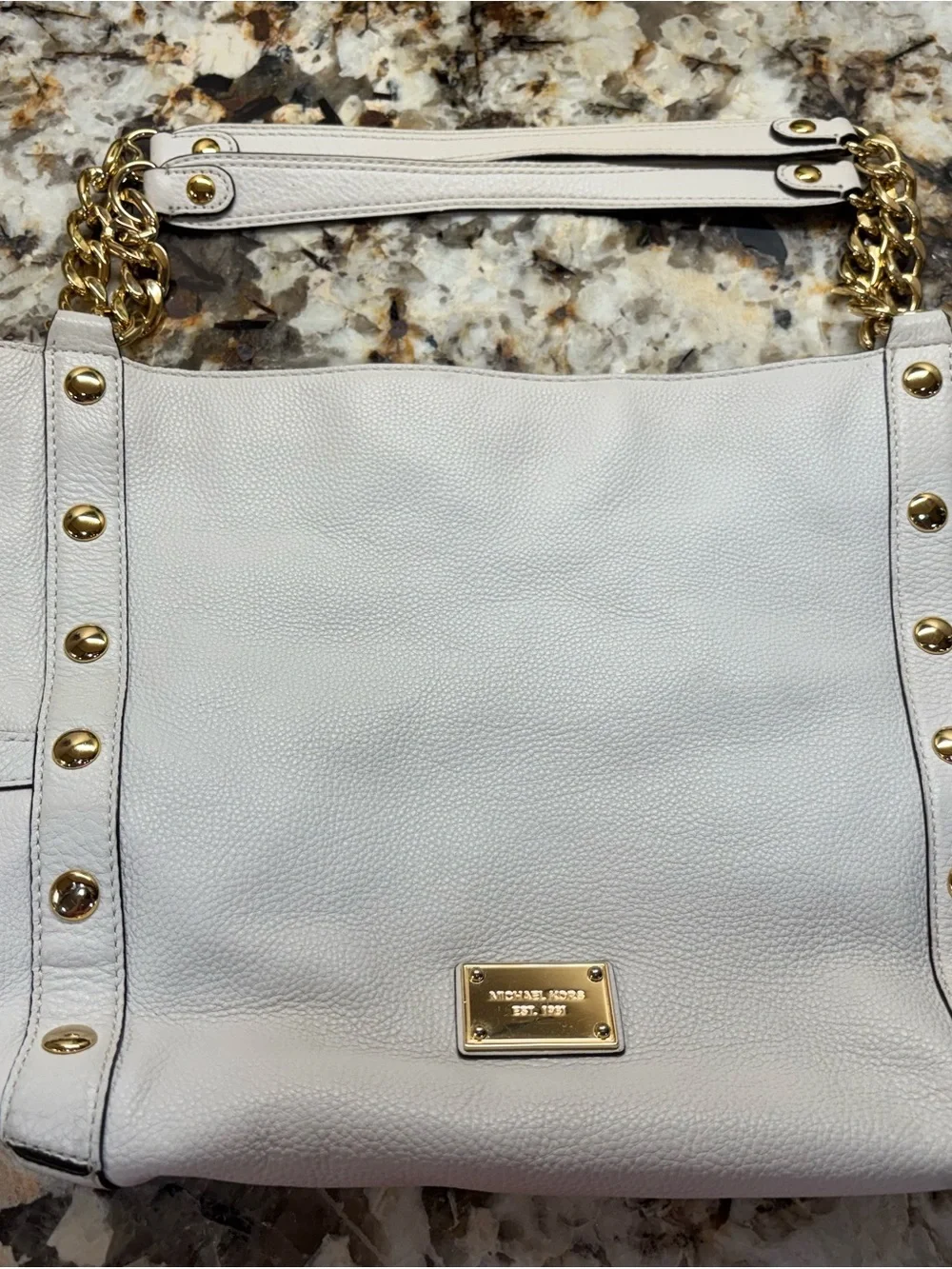 Michael Kors White Pebbled Leather Shoulder Tote with Gold Chain Detail